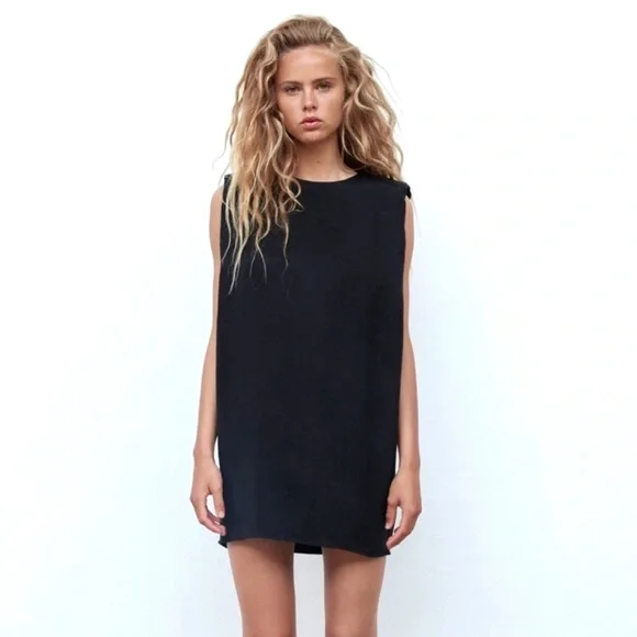 Zara | Dresses | Zara Black Mini Dress With Shoulder Pads | Poshmark